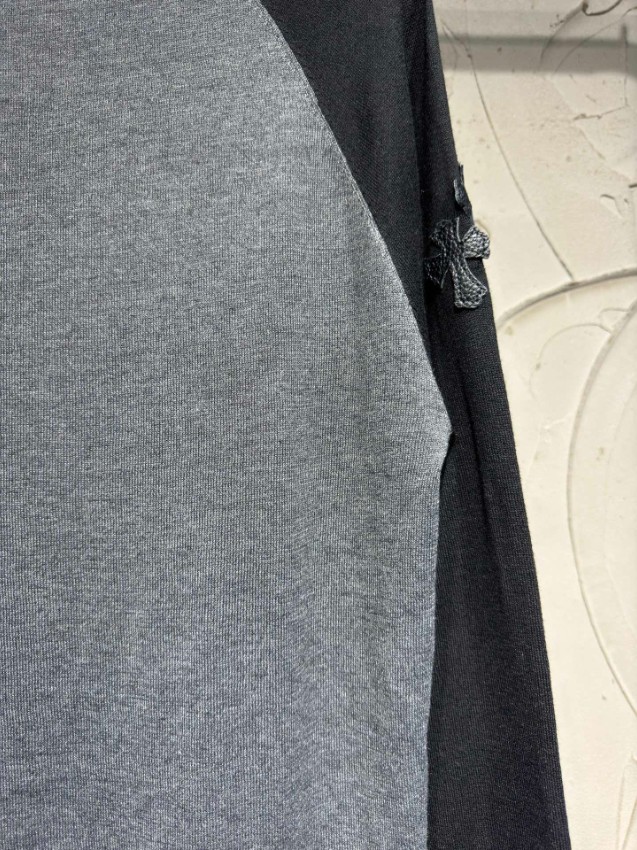 クロムハーツ 本物級コピー ラグラン長袖Tシャツ グレーブラック切り替え 胸元ロゴ刺繍 袖クロス装飾 クルーネック カジュアルスタイル 追跡可能_4